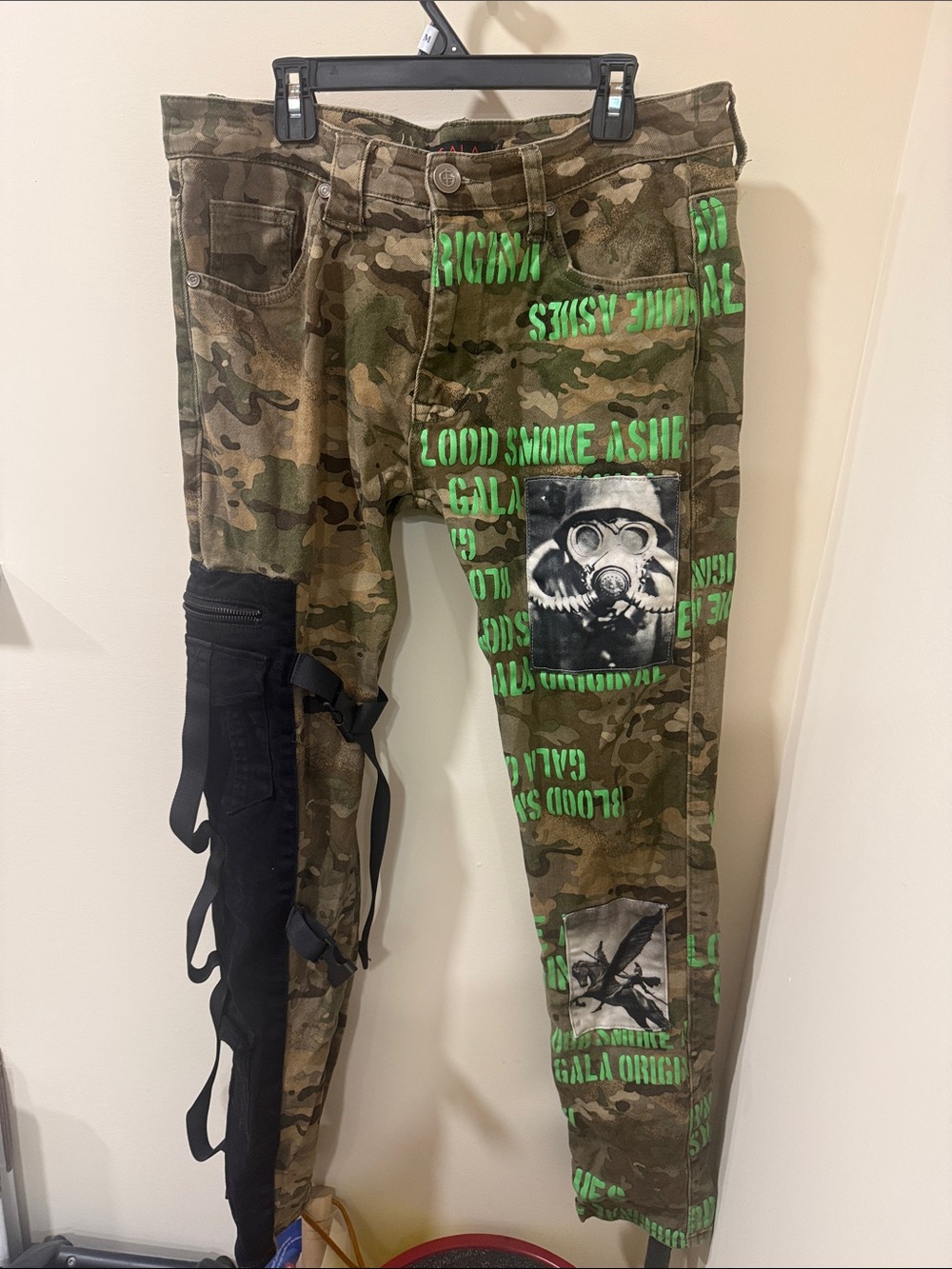 Men's Camo Cargo Pants with Neon Green Graphic Print